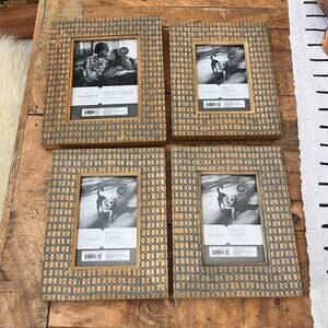 Threshold Natural Wood Picture Frames Set of 4 Blue Geometric Overlay